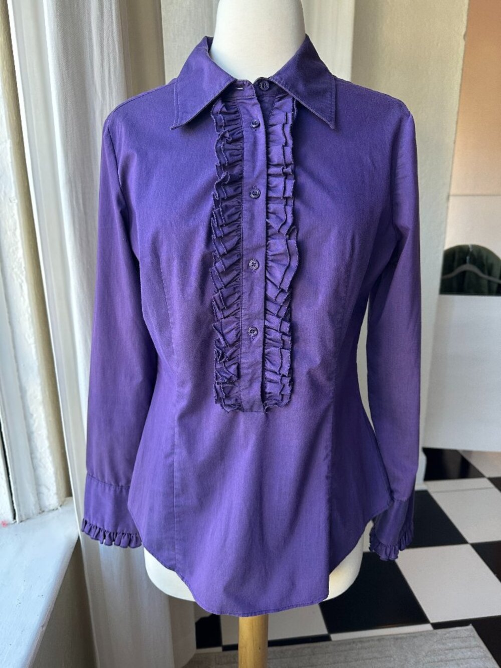 New York & Company Purple Ruffle Front Stretch Blouse Shirt Size M